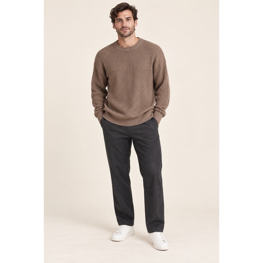 Closed Organic Cotton Men Ribbed Crewneck Sweater Tan Brown C86167 Size L NWT